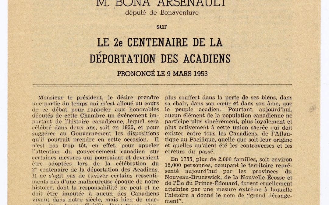 Feuillet – discours de Bona Arsenault – 2e Centenaire de la Déportation des Acadiens (9 mars 1953) |  Speech leaflet – 2nd Centenary of the Deportation of the Acadians |