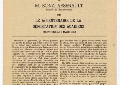 Feuillet – discours de Bona Arsenault – 2e Centenaire de la Déportation des Acadiens (9 mars 1953) |  Speech leaflet – 2nd Centenary of the Deportation of the Acadians |