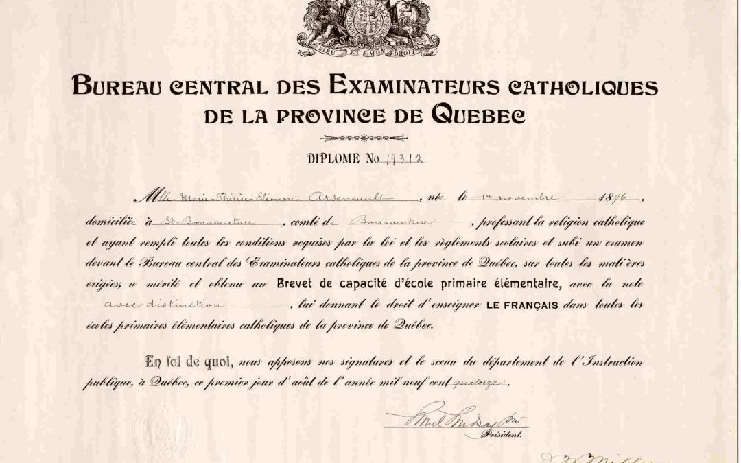 Brevet d’enseignement d’Éléonore Arsenault | Teaching certificate |